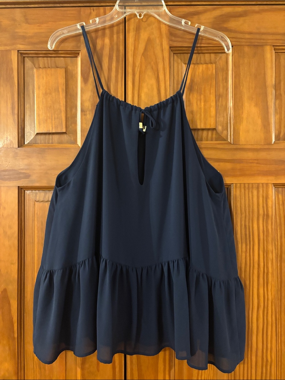 Veronica M Navy Spaghetti Strap Ruffle Hem Baby Doll style Tank Top